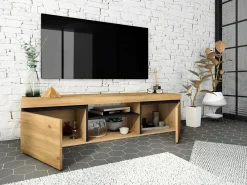 Móvel de TV modelo NATURALE cor Carvalho e Preto, 140x40x41cm