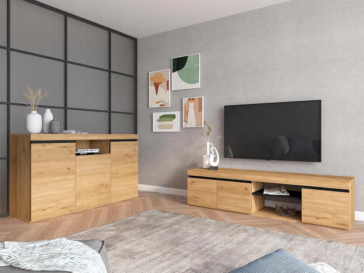 Móvel de TV modelo NATURALE cor Carvalho e Preto, 160x40x41cm