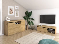 Móvel de TV modelo NATURALE cor Carvalho e Preto, 120x40x41cm