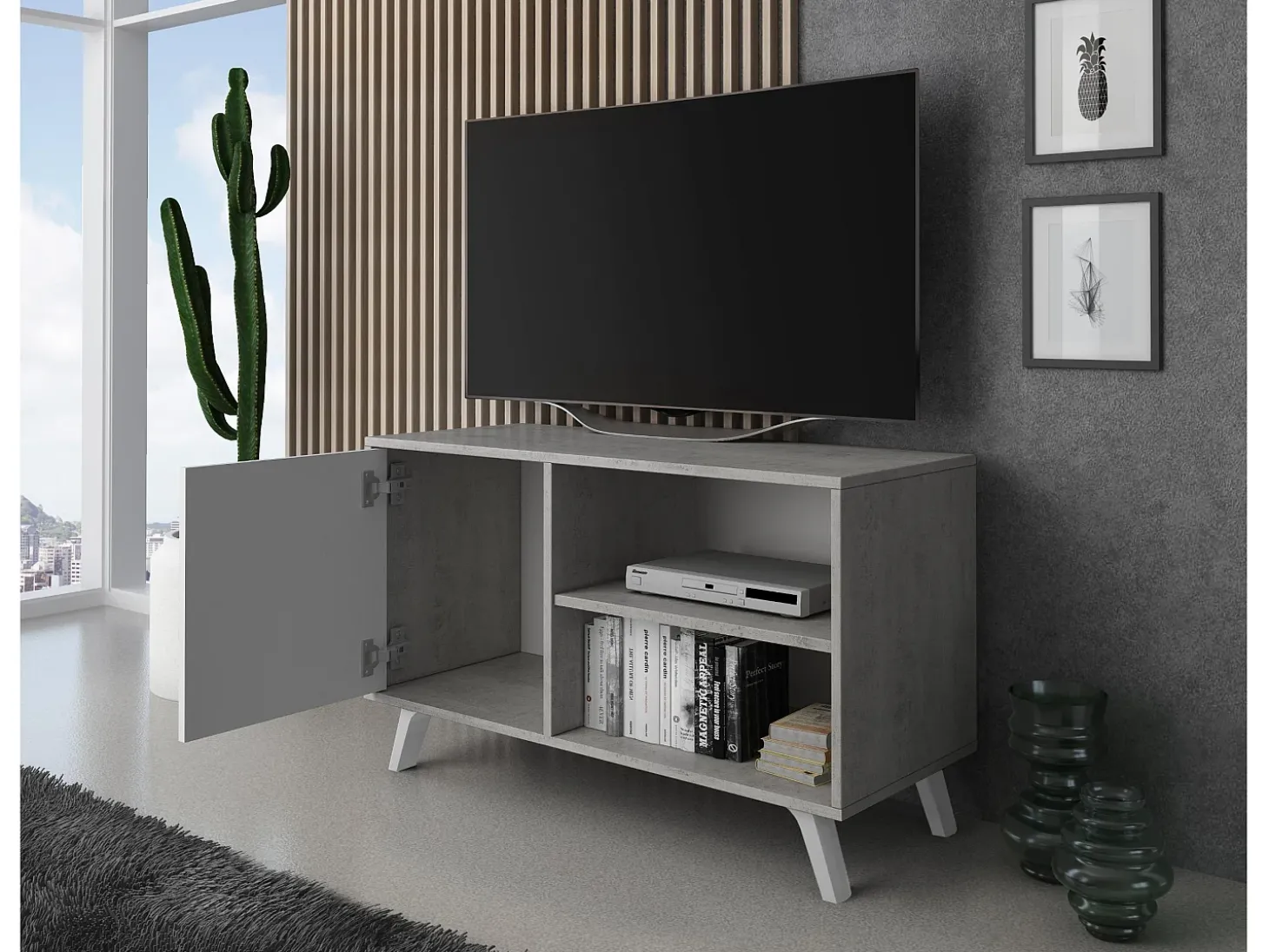 Móvel de TV modelo WIND, cor Cinzento Cemento e Branco, 95x40x57cm