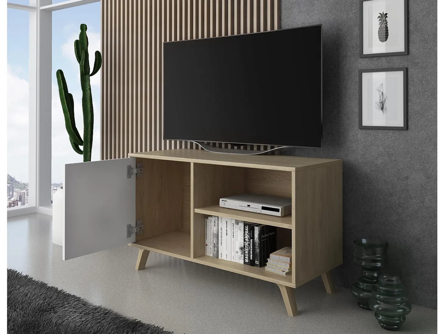 Móvel de TV modelo WIND, cor Carvalho e Branco, 95x40x57cm