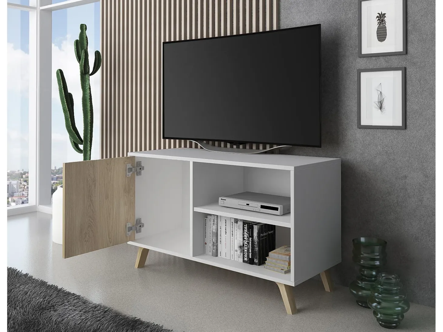Móvel de TV modelo WIND, cor Branco e Carvalho, 137x40x57cm