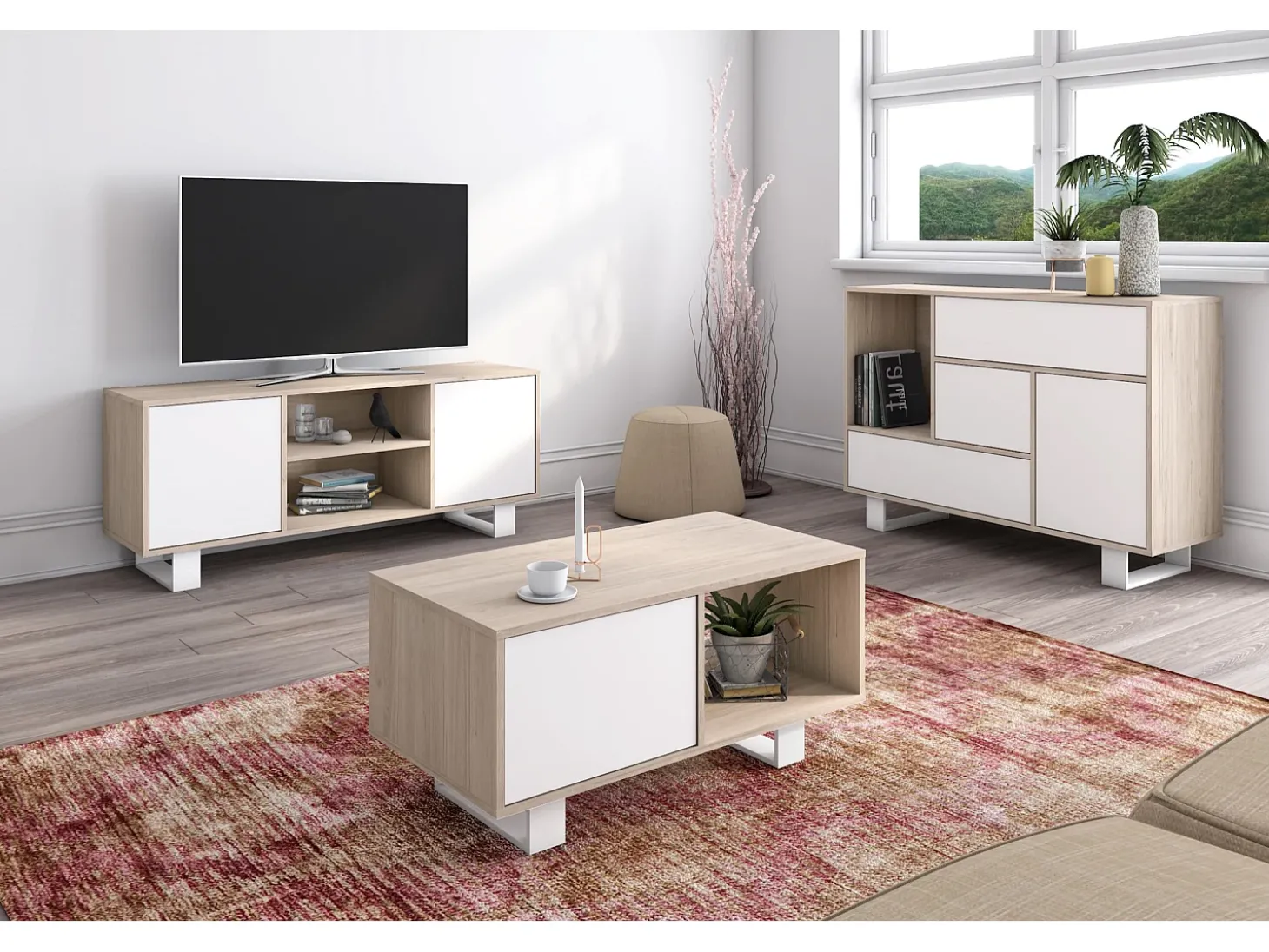 Móvel de TV modelo WIND, cor Carvalho e Branco, 95x40x57cm