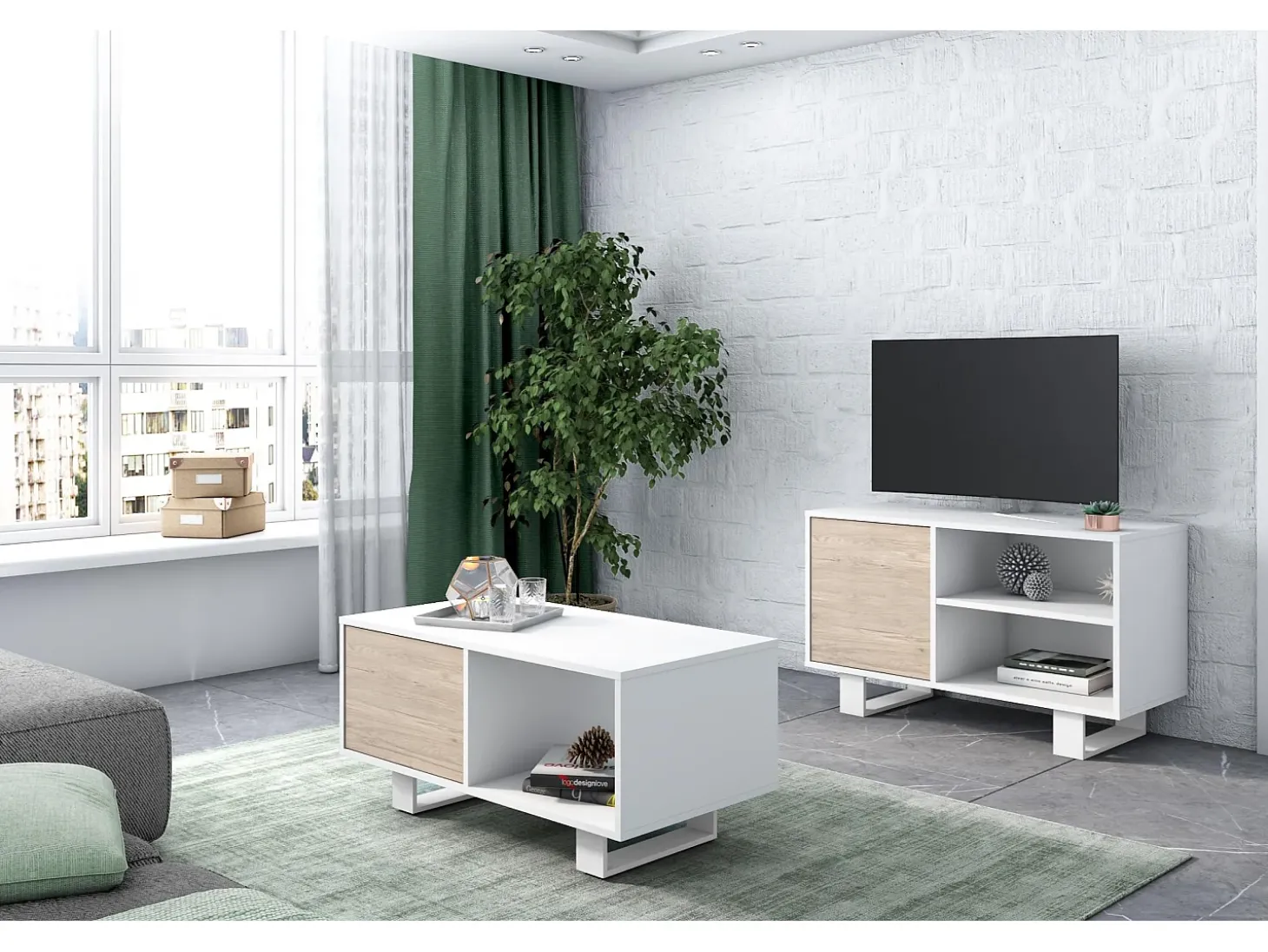 Móvel de TV modelo WIND, cor Branco e Carvalho, 95x40x57cm