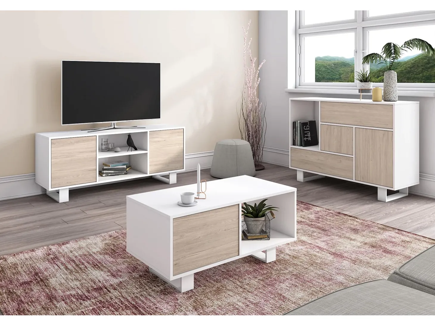 Móvel de TV modelo WIND, cor Branco e Carvalho, 95x40x57cm
