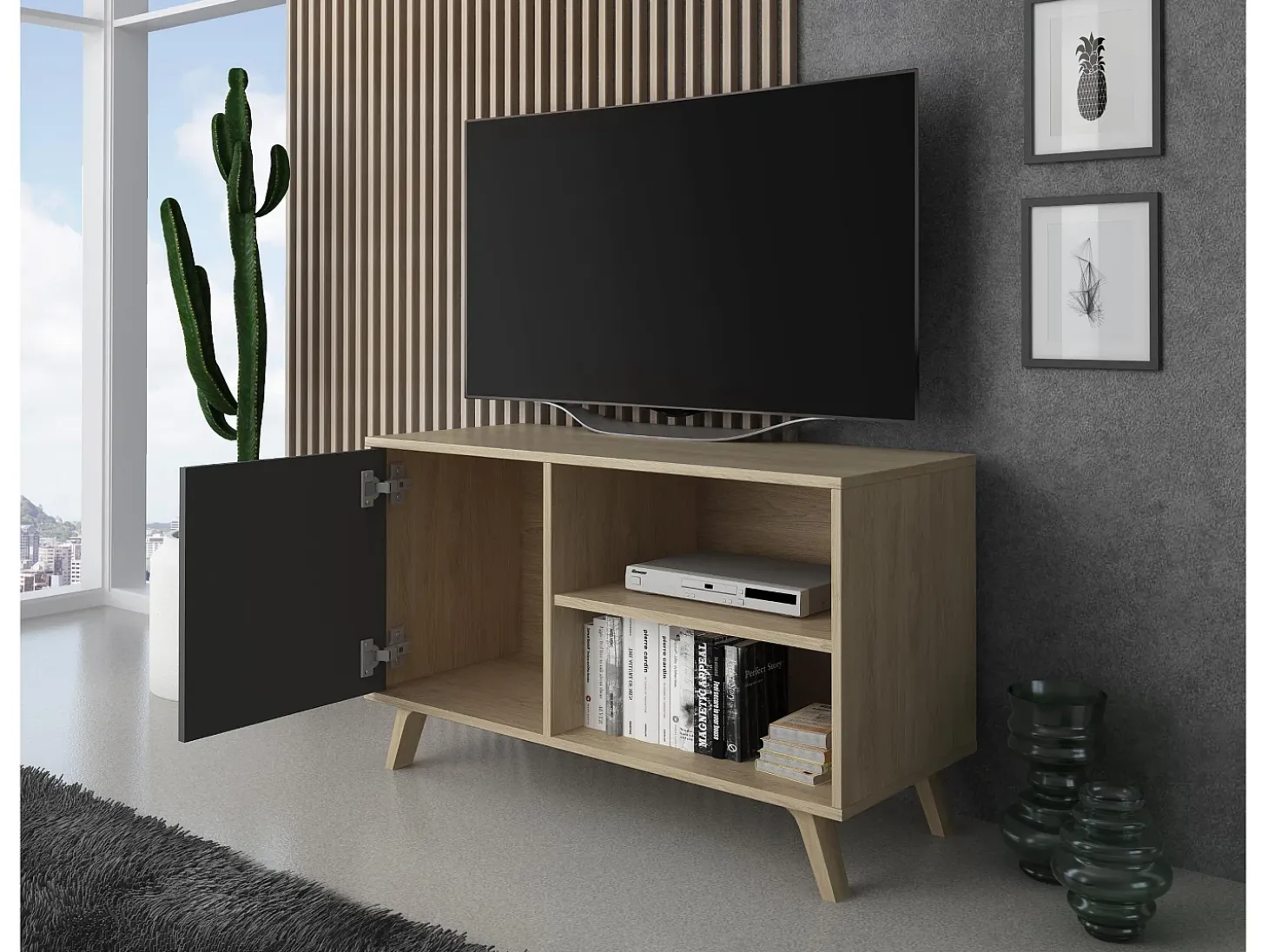 Móvel de TV modelo WIND, cor Carvalho e Cinzento antracite, 95x40x57cm