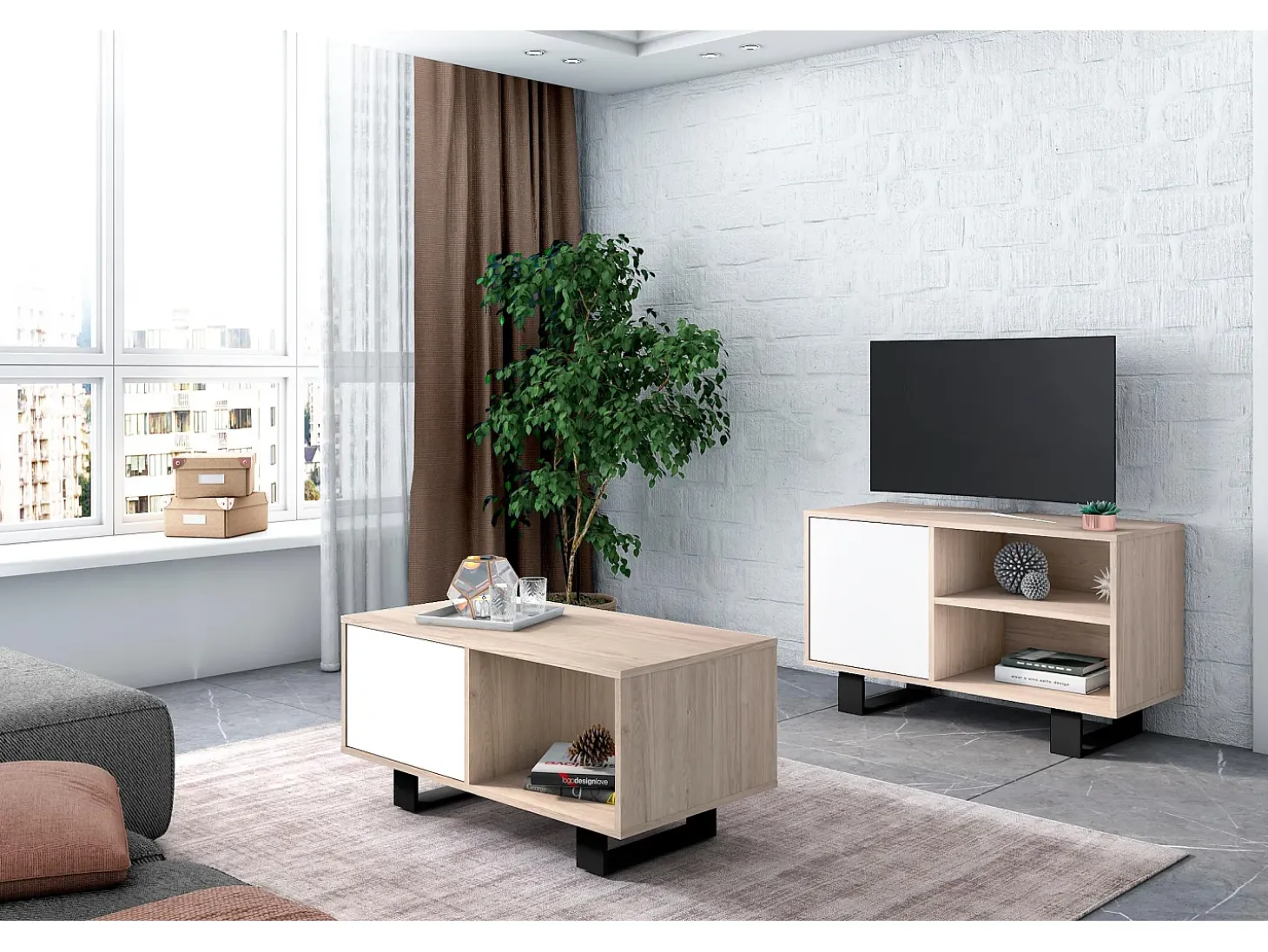 Móvel de TV modelo WIND, cor Carvalho e Branco, 95x40x57cm