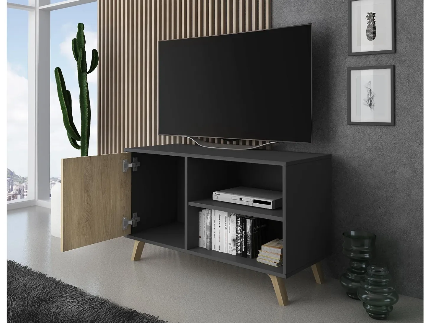 Móvel de TV modelo WIND, cor Cinza Antracite e Carvalho, 95x40x57cm