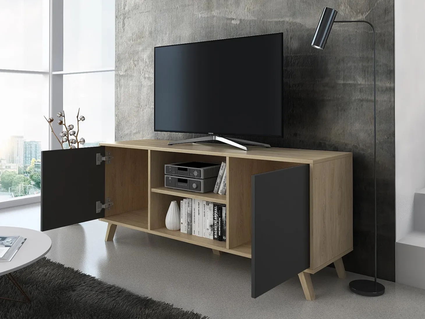 Móvel de TV modelo WIND, cor Carvalho e Cinza Antracite, 137x40x57cm
