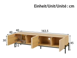 Móvel de TV moderno - 163,5 x 40 x 45 cm - com 4 portas - design geométrico e textura 3D - MDF - cor natural