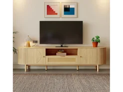 Móvel de TV moderno - 175 x 36 x 51 cm - com 1 gaveta de vime + 2 portas - MDF - natural