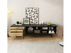 Móvel de TV moderno - 180 x 38 x 50 cm - com 2 portas com padrão de ondas de água + 3 gavetas - MDF - preto