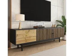 Móvel de TV moderno - 180 x 38 x 50 cm - com 2 portas com padrão de ondas de água + 3 gavetas - MDF - preto