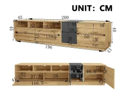 Móvel de TV moderno - 200 x 45 x 45 cm - com 3 portas + compartimentos abertos - aglomerado - natural