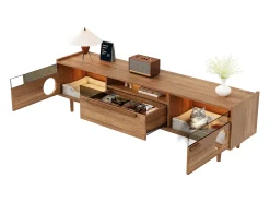 Móvel de TV moderno - 180 x 40 x 50 cm - com LEDs + área de descanso para gatos + 2 portas + 1 gaveta - MDF - natural