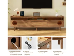 Móvel de TV moderno - 180 x 40 x 50 cm - com LEDs + área de descanso para gatos + 2 portas + 1 gaveta - MDF - natural