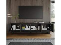 Móvel de TV moderno - 169 x 35 x 45,5 cm - com 4 portas curvas em forma de onda - MDF + aglomerado - preto