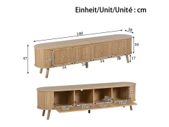 Móvel de TV moderno - 180 x 38 x 47 cm - com 4 portas + pés de madeira - design exclusivo - MDF + aglomerado - cor natural