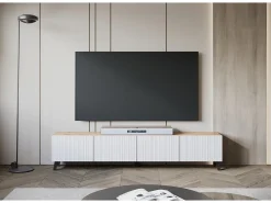 Móvel de TV moderno 190 cm artisan com pés para sala de estar, frentes em MDF brancas com ranhuras, 4 portas basculantes