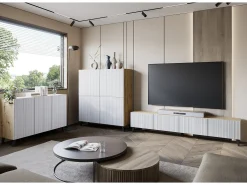 Móvel de TV moderno 190 cm artisan com pés para sala de estar, frentes em MDF brancas com ranhuras, 4 portas basculantes