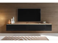 Móvel de TV moderno 180 cm para sala – 2 portas, sem puxadores, mate + brilho, de chão ou suspenso, carvalho wotan / preto brilho