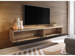 Móvel de TV moderno 180 cm para sala – 2 portas, sem puxadores, mate + brilho, de chão ou suspenso, carvalho wotan / preto brilho
