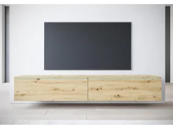 Móvel de TV moderno 180 cm para sala – 2 portas, sem puxadores, acabamento mate, de chão ou suspenso, carvalho artisan