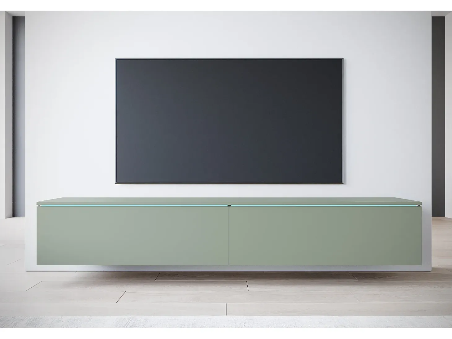 Móvel de TV moderno 180 cm para sala com LED – 2 portas, sem puxadores, verde névoa, de chão ou suspenso