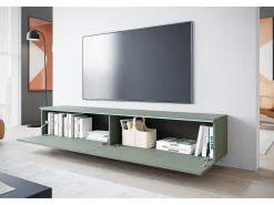 Móvel de TV moderno 180 cm para sala com LED – 2 portas, sem puxadores, verde névoa, de chão ou suspenso