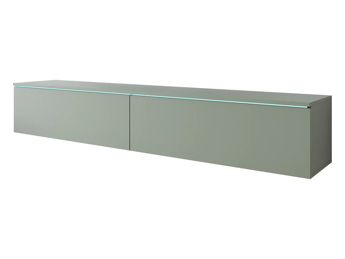 Móvel de TV moderno 180 cm para sala com LED – 2 portas, sem puxadores, verde névoa, de chão ou suspenso