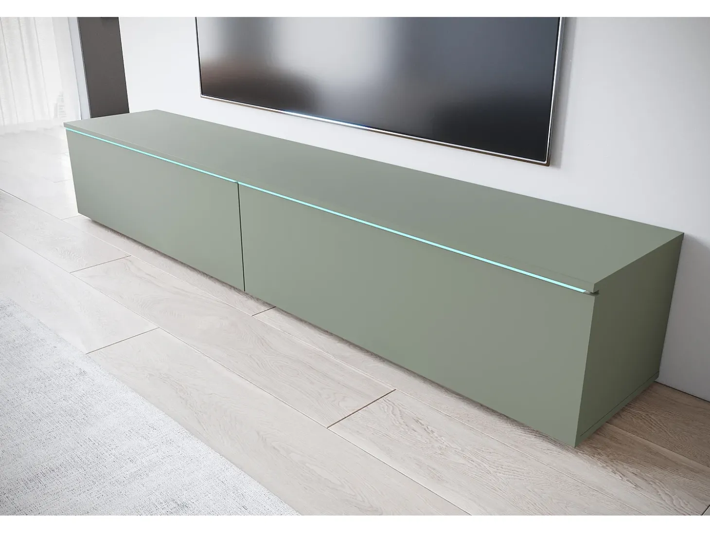 Móvel de TV moderno 180 cm para sala com LED – 2 portas, sem puxadores, verde névoa, de chão ou suspenso