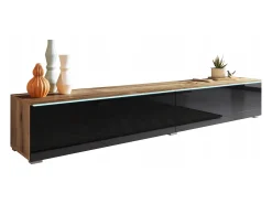 Móvel de TV moderno 180 cm para sala com LED – 2 portas, sem puxadores, corpo carvalho wotan, frentes preto brilho, de chão ou suspenso