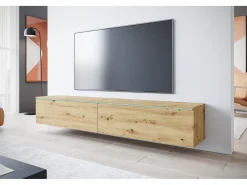 Móvel de TV moderno 180 cm para sala com LED – 2 portas, sem puxadores, carvalho artisan, de chão ou suspenso