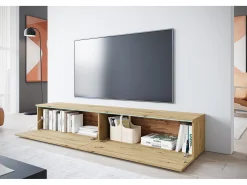 Móvel de TV moderno 180 cm para sala com LED – 2 portas, sem puxadores, carvalho artisan, de chão ou suspenso
