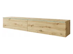 Móvel de TV moderno 180 cm para sala com LED – 2 portas, sem puxadores, carvalho artisan, de chão ou suspenso