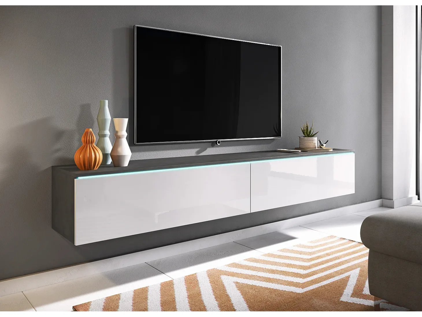 Móvel de TV moderno 180 cm para sala – 2 portas, sem puxadores, mate + brilho, de chão ou suspenso, matera / branco brilho