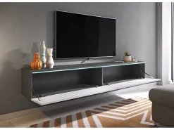 Móvel de TV moderno 180 cm para sala – 2 portas, sem puxadores, mate + brilho, de chão ou suspenso, matera / branco brilho