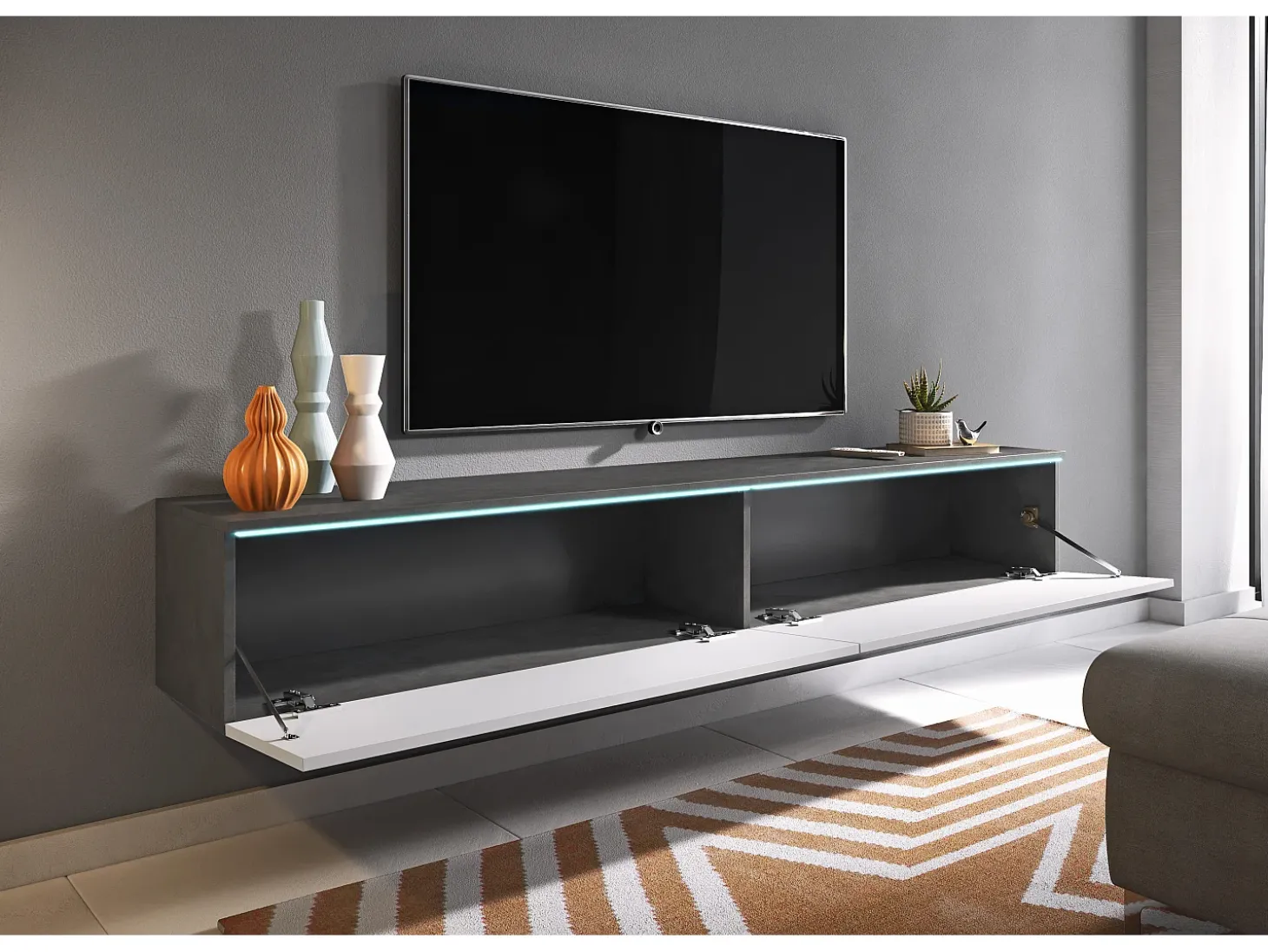 Móvel de TV moderno 180 cm para sala – 2 portas, sem puxadores, mate + brilho, de chão ou suspenso, matera / branco brilho