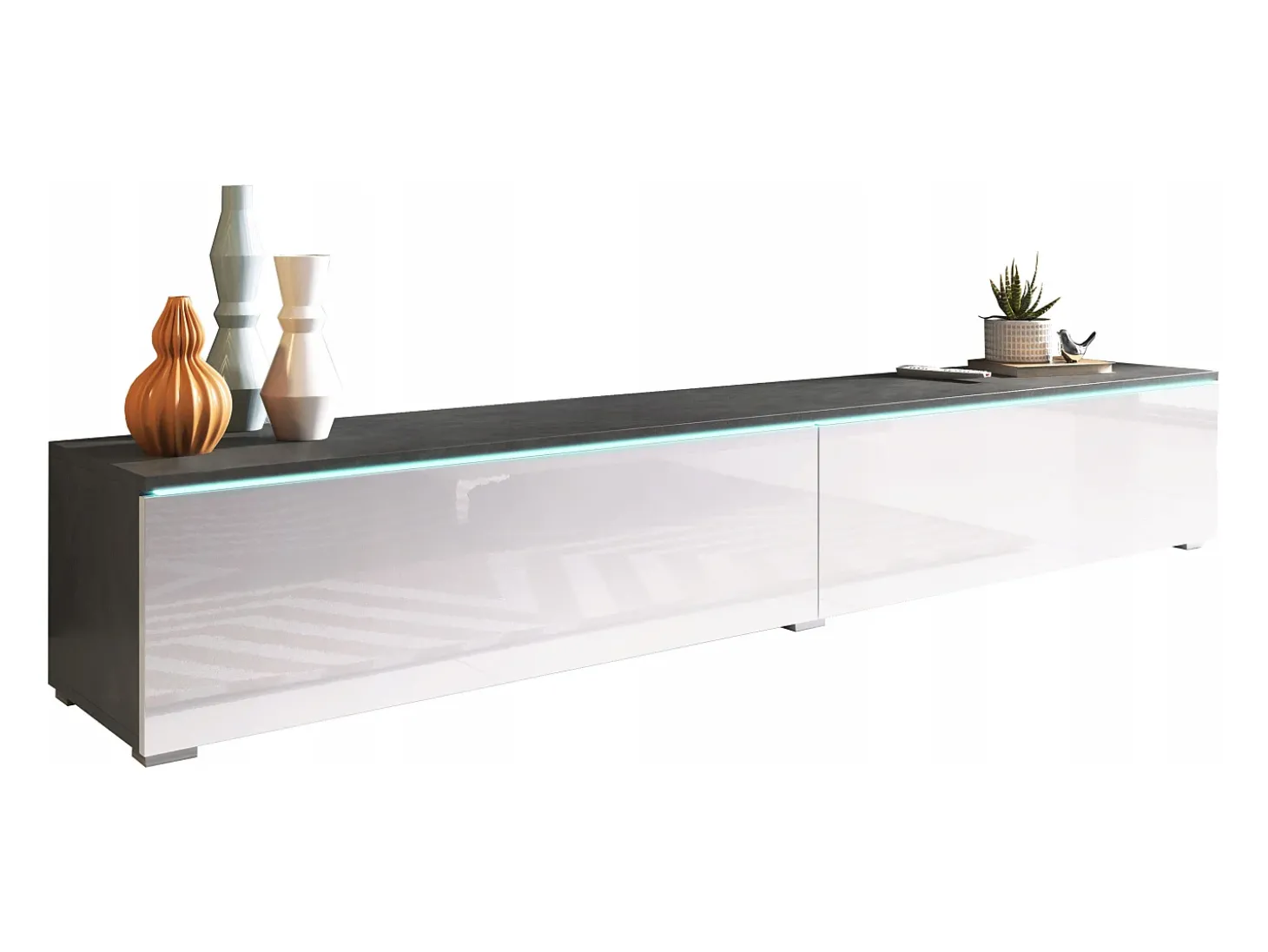 Móvel de TV moderno 180 cm para sala – 2 portas, sem puxadores, mate + brilho, de chão ou suspenso, matera / branco brilho