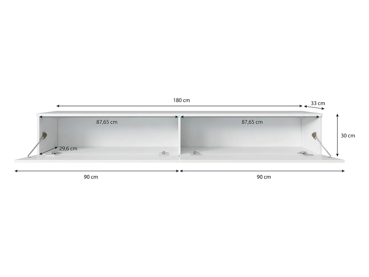 Móvel de TV moderno 180 cm para sala – 2 portas, sem puxadores, mate + brilho, de chão ou suspenso, matera / branco brilho