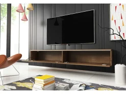 Móvel de TV moderno 180 cm para sala com LED – 2 portas, sem puxadores, carvalho wotan, de chão ou suspenso