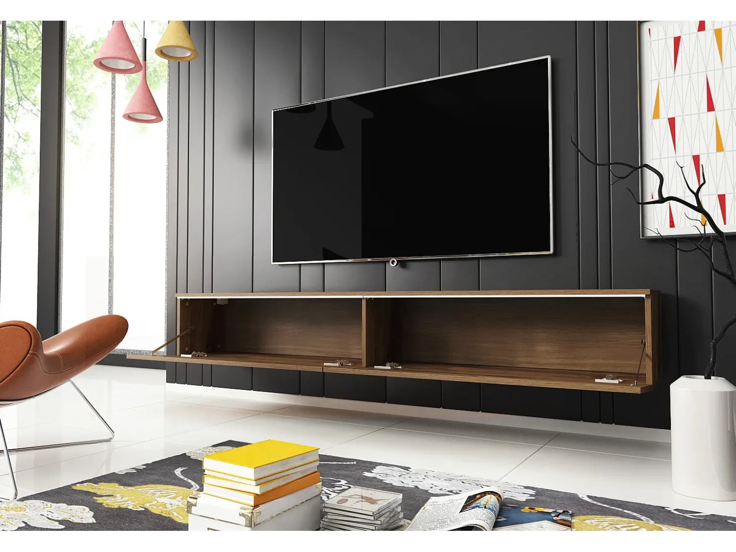 Móvel de TV moderno 180 cm para sala com LED – 2 portas, sem puxadores, carvalho wotan, de chão ou suspenso