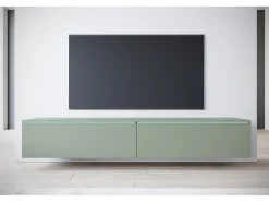 Móvel de TV moderno 180 cm para sala – 2 portas, sem puxadores, acabamento mate, de chão ou suspenso, verde névoa