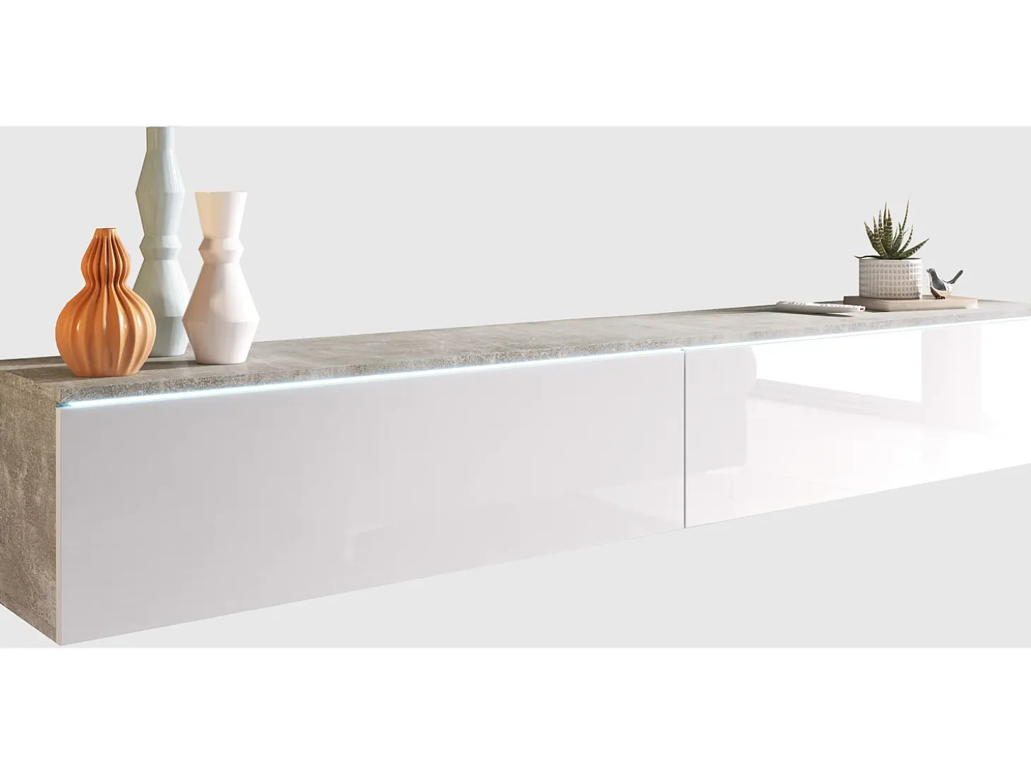Móvel de TV moderno 180 cm para sala – 2 portas, sem puxadores, mate + brilho, de chão ou suspenso, betão smart / branco brilho