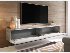 Móvel de TV moderno 180 cm para sala – 2 portas, sem puxadores, mate + brilho, de chão ou suspenso, betão smart / branco brilho