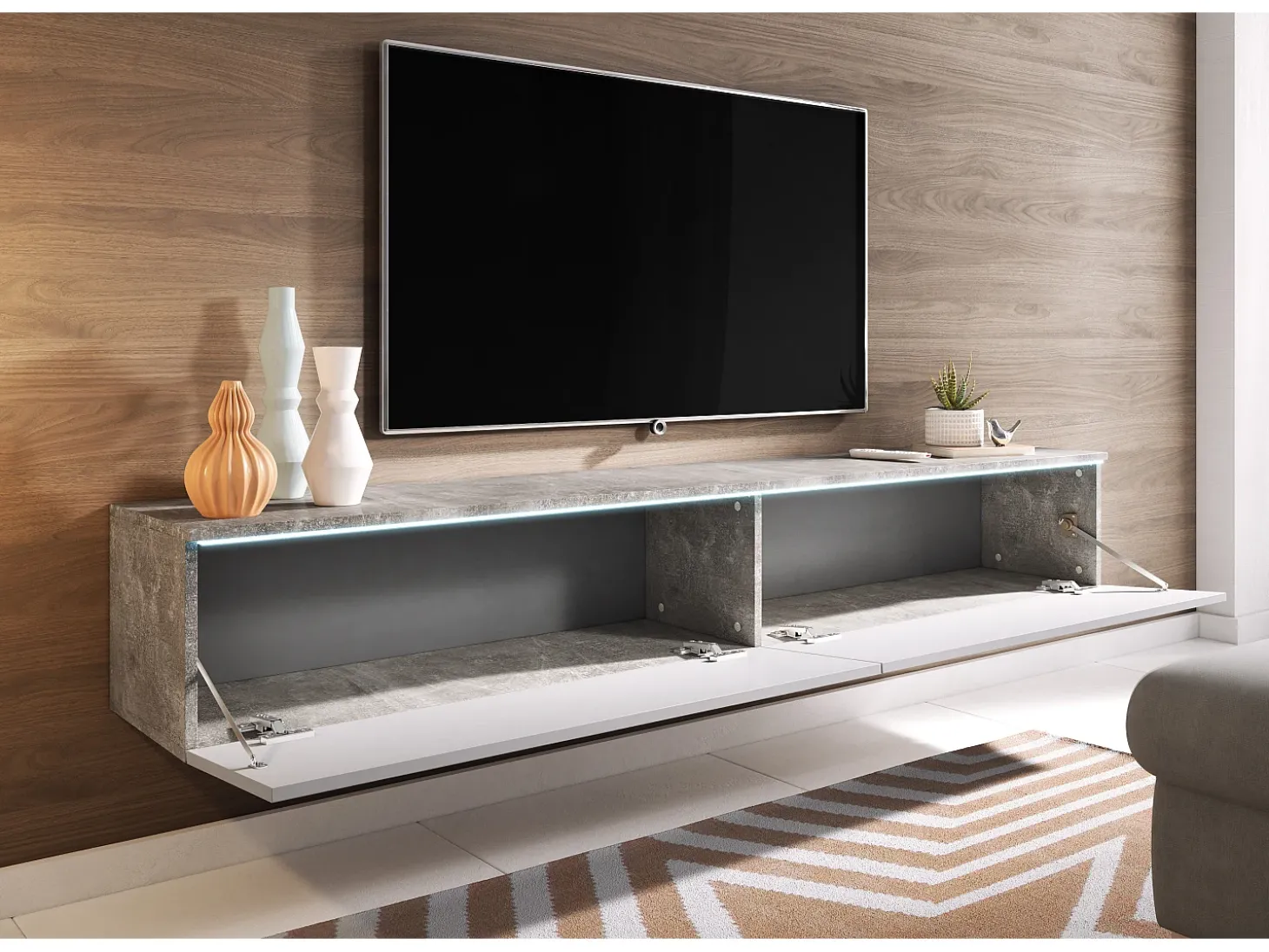 Móvel de TV moderno 180 cm para sala – 2 portas, sem puxadores, mate + brilho, de chão ou suspenso, betão smart / branco brilho