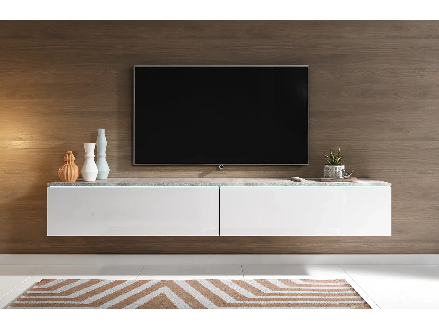 Móvel de TV moderno 180 cm para sala – 2 portas, sem puxadores, mate + brilho, de chão ou suspenso, betão smart / branco brilho
