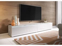 Móvel de TV moderno 180 cm para sala – 2 portas, sem puxadores, mate + brilho, de chão ou suspenso, betão smart / branco brilho