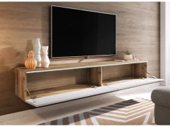 Móvel de TV moderno 180 cm para sala – 2 portas, sem puxadores, mate + brilho, de chão ou suspenso, carvalho wotan / branco brilho