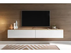 Móvel de TV moderno 180 cm para sala – 2 portas, sem puxadores, mate + brilho, de chão ou suspenso, carvalho wotan / branco brilho